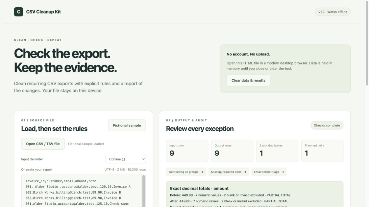 Actual CSV Cleanup Kit interface showing a fictional 9-row invoice export, one duplicate and review flags